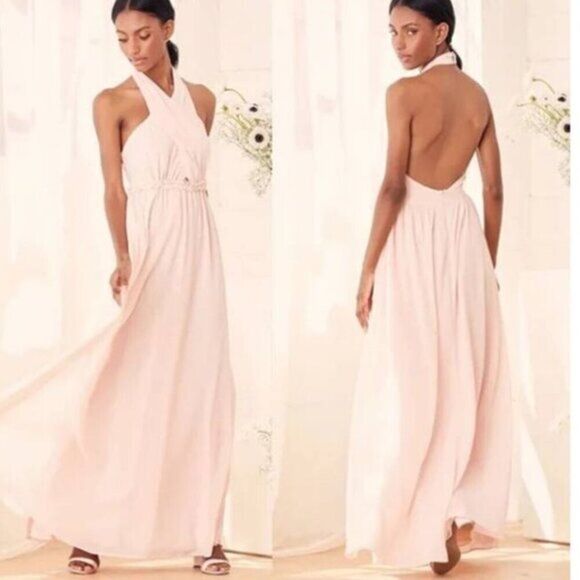 LULU's Chiffon Gown Slate Blush Pink Cutout Halter Maxi‎ Dress Cream Small - Picture 1 of 6
